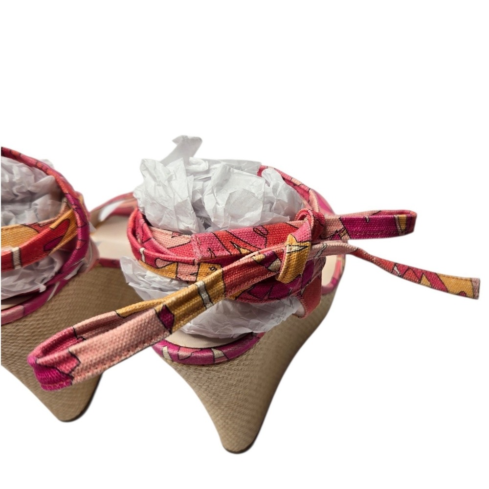 Emilio Pucci Y2K Raffia Espadrille Wedge Sandals 38 Pink Abstract Italy Tie Heel - Picture 16 of 16